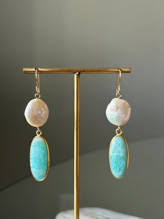 Amazonite Oval Pearl Earrings