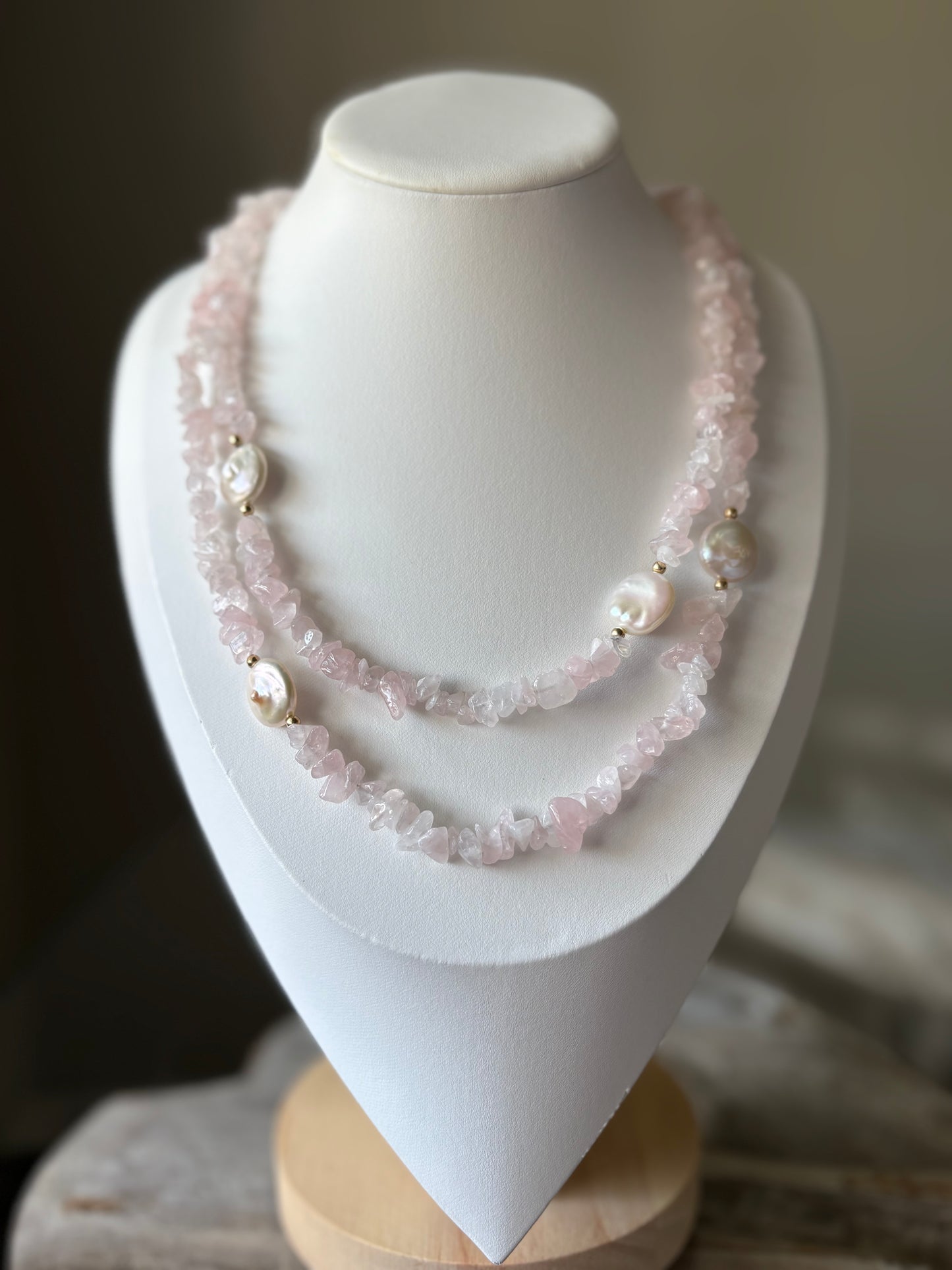 Rose Quartz Chip and Pearl Necklace