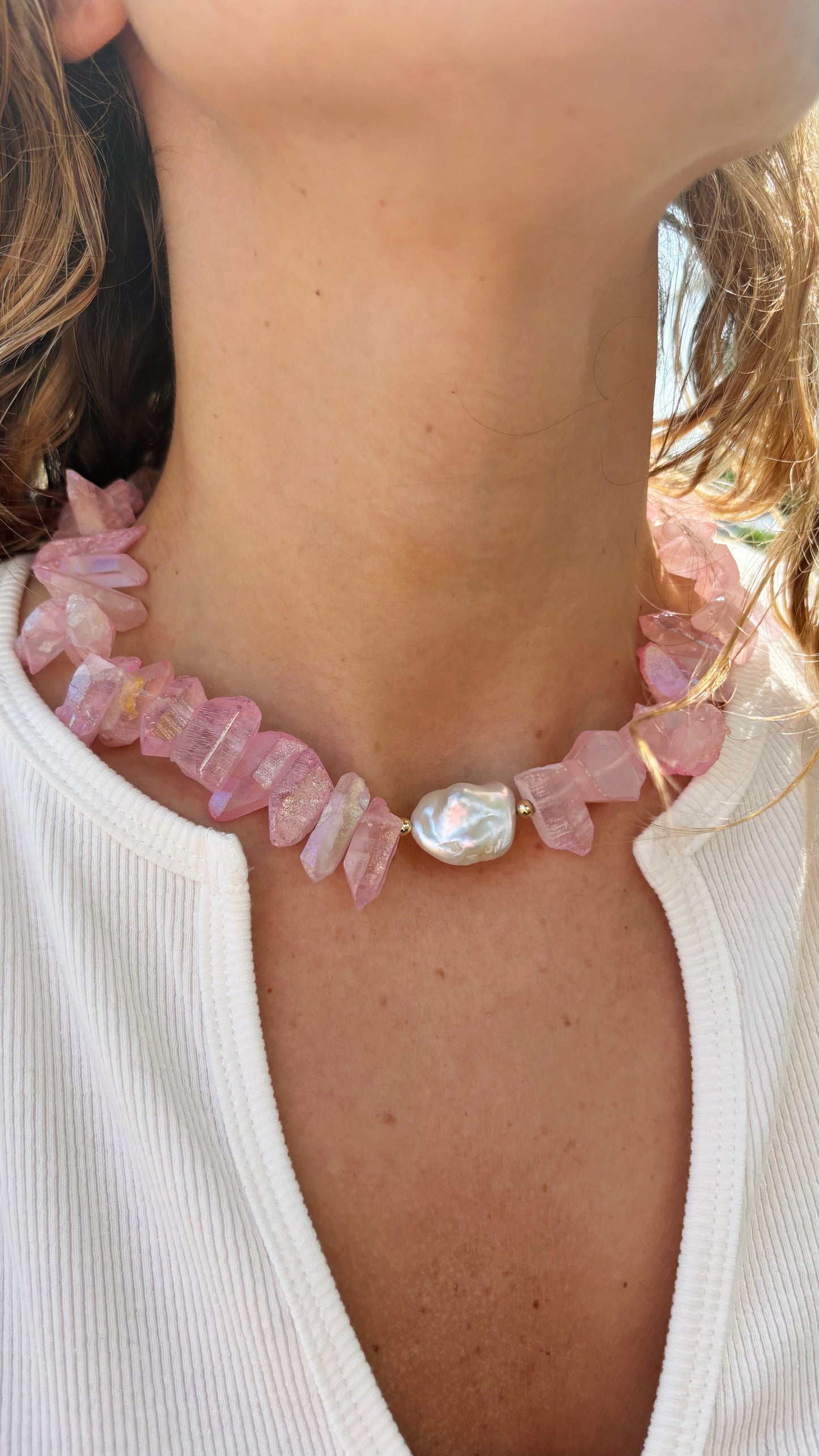 Chunky Pink Quartz and Pearl Necklace