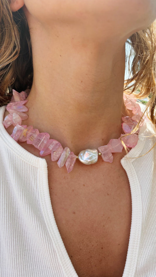 Chunky Pink Quartz and Pearl Necklace