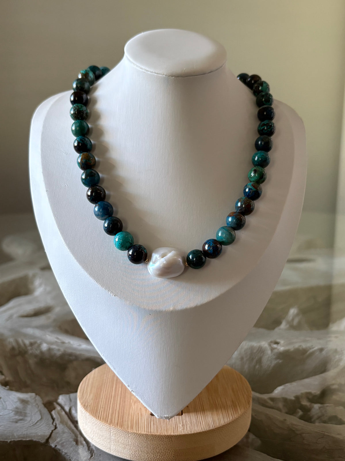 Azurite, Chrysocolla Malachite and Pearl Necklace