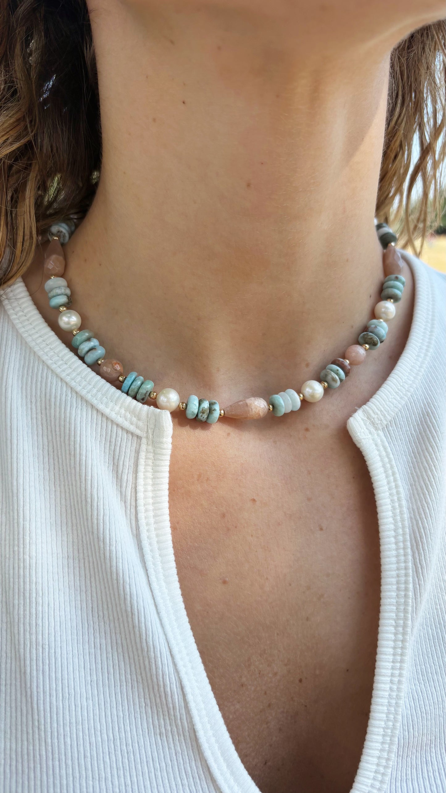 Larimar, Pearl and Peach Moonstone Necklace