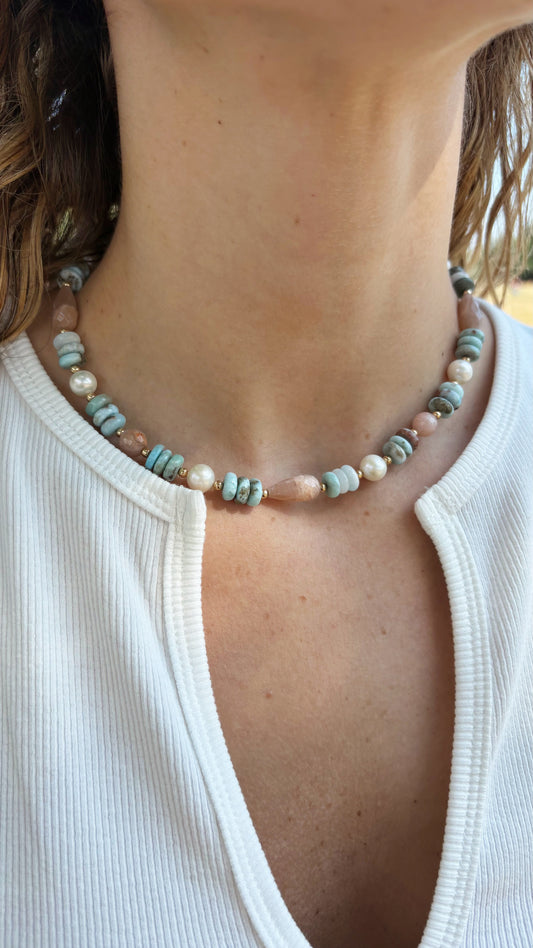 Larimar, Pearl and Peach Moonstone Necklace