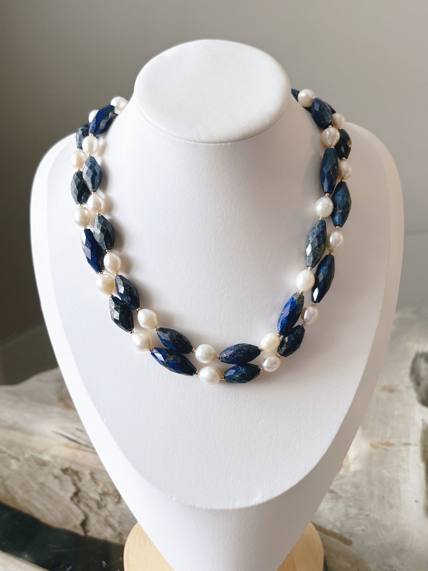 Long Lapis and Pearl Necklace