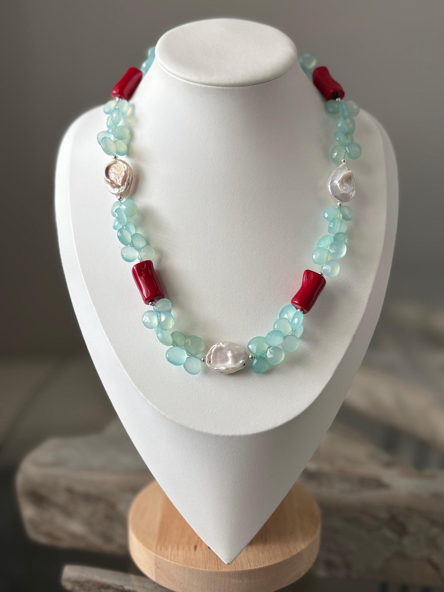 Chalcedony, Pearl and Coral Necklace