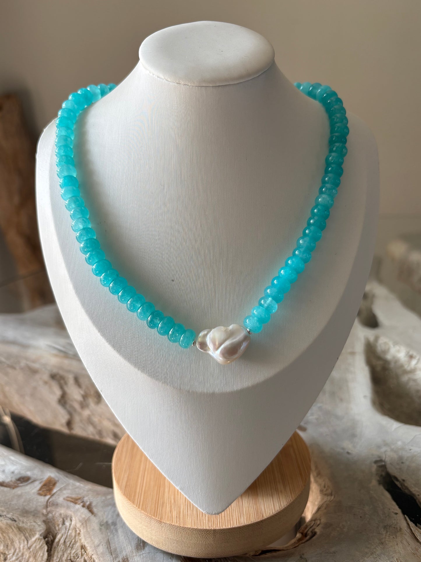 Aqua Blue Jade and Pearl Necklace