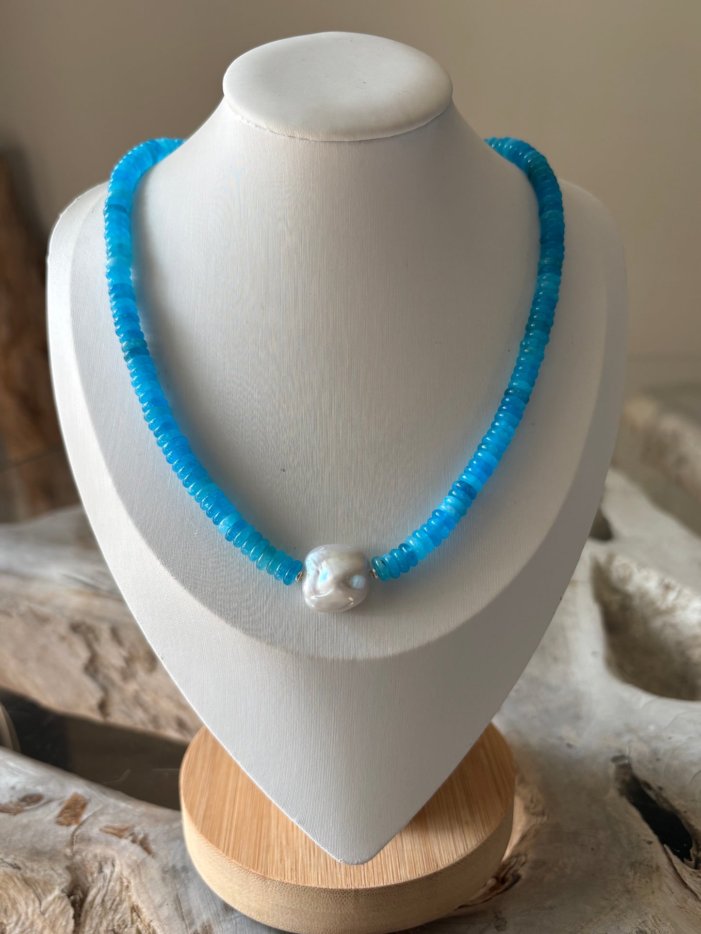 Pool Blue Jade and Pearl Necklace