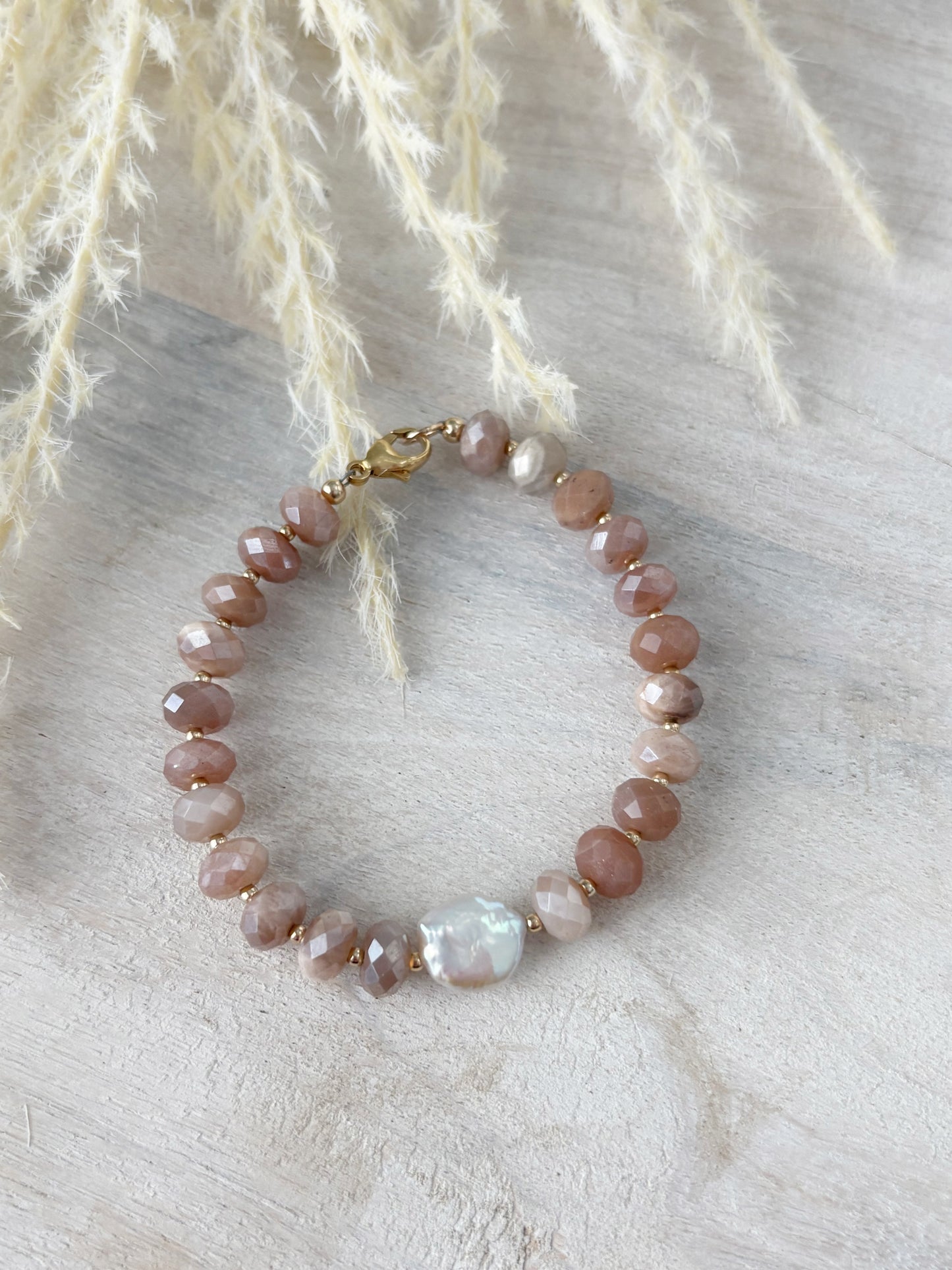 Peach Moonstone and Pearl Bracelet