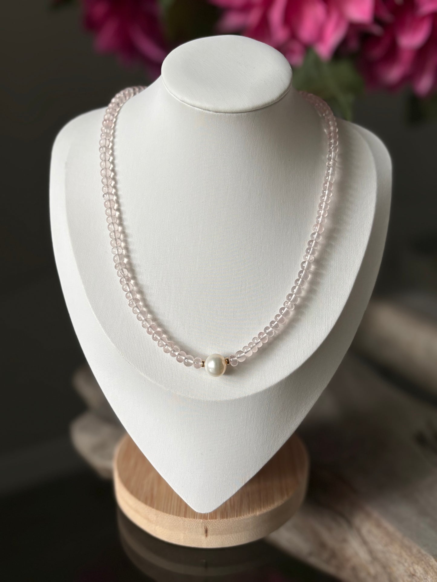 Rose Quartz and Pearl Necklace 16"