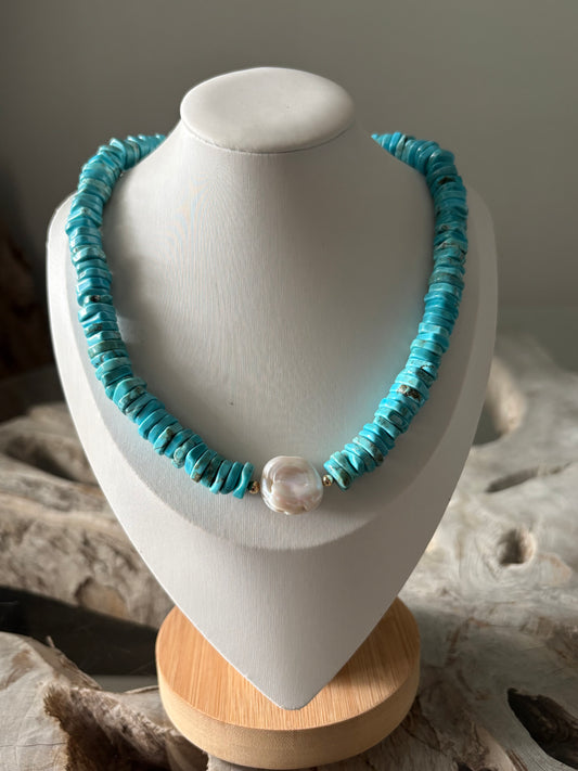 Magnesite Turquoise And Pearl Necklace