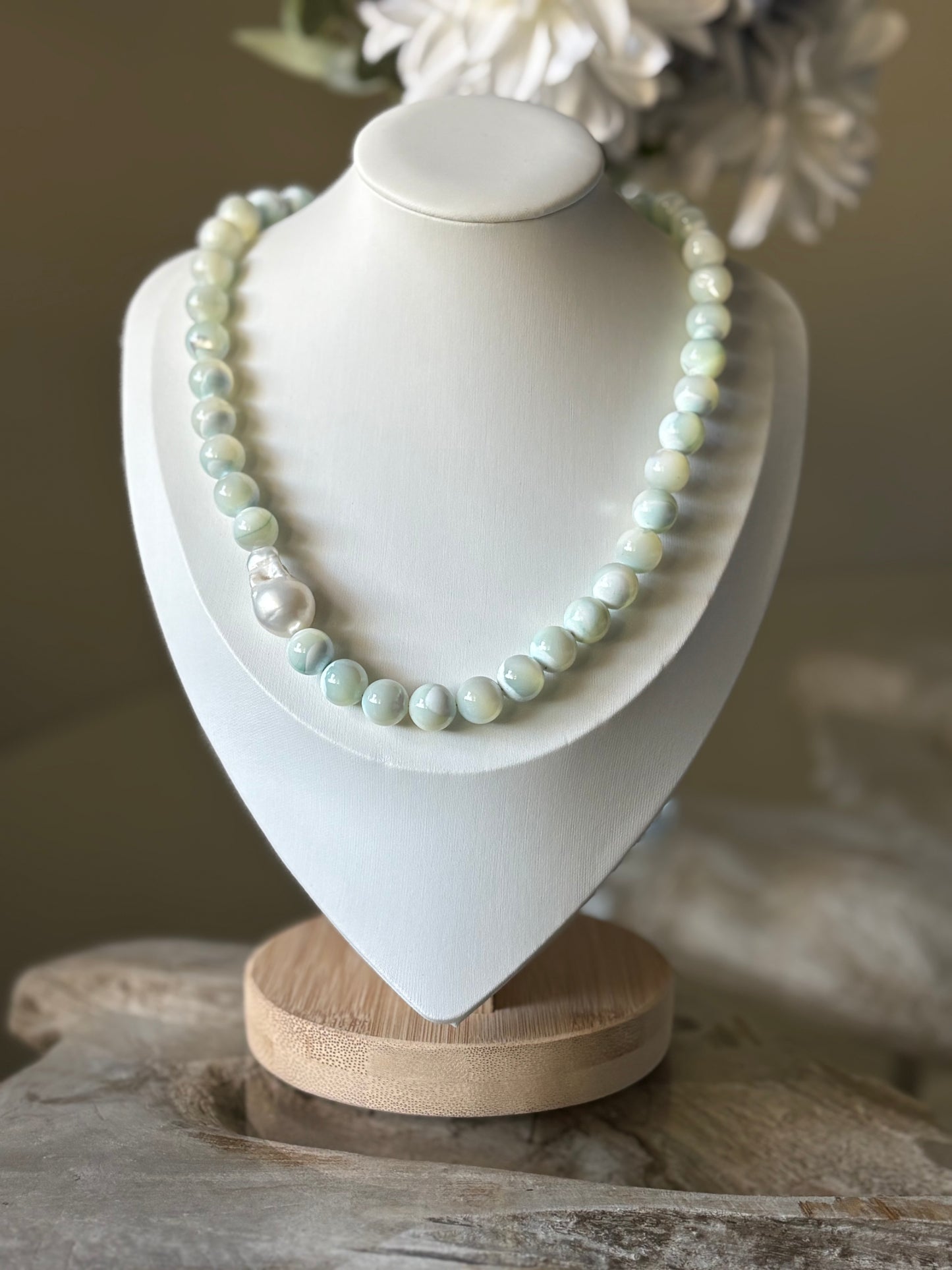 Blue Mother of Pearl and Pearl Necklace