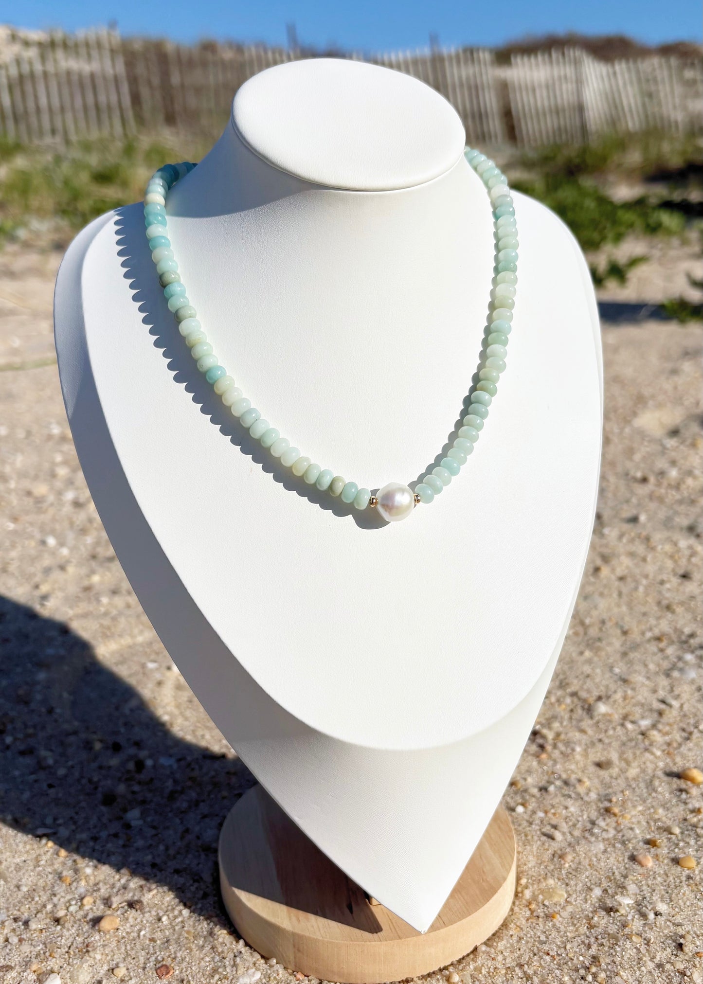 Amazonite Rondelle Round Pearl Necklace