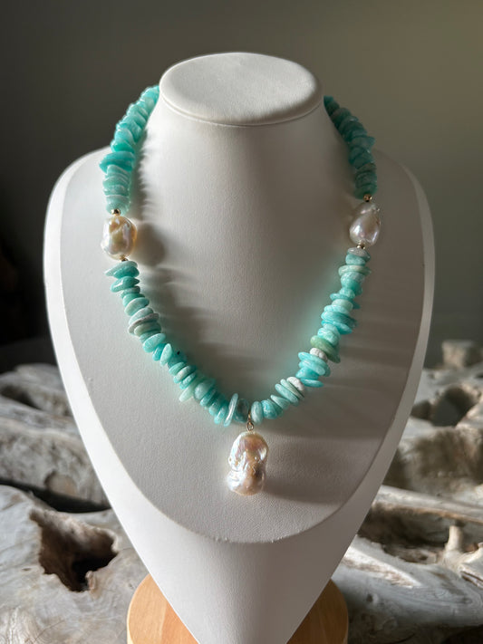Amazonite Chip and Pearl Necklace
