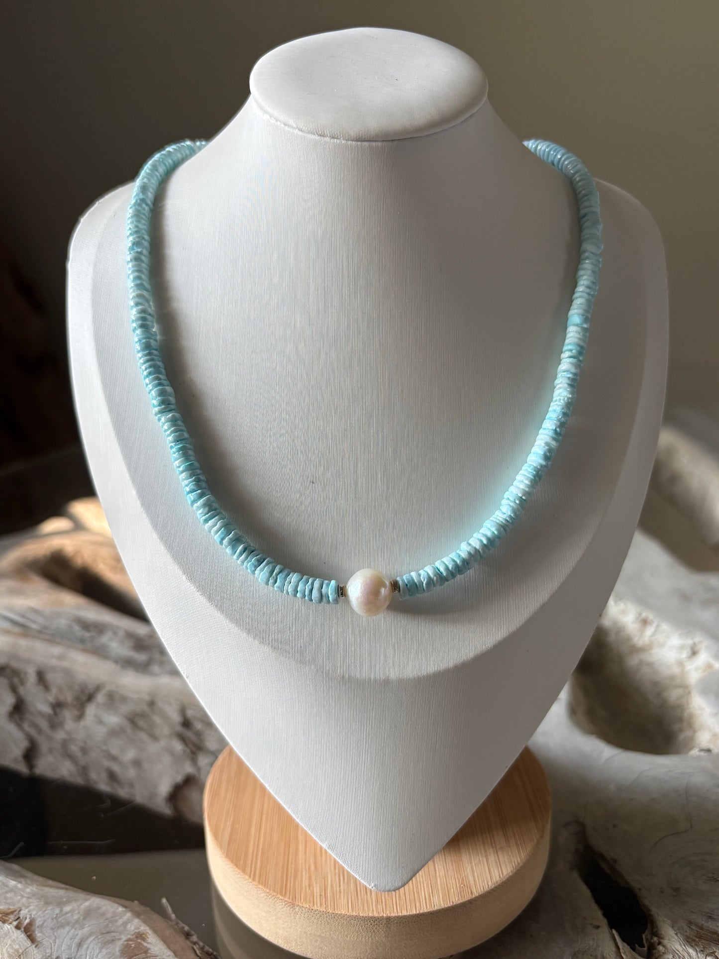 Blue Heishi Shell and Pearl Necklace