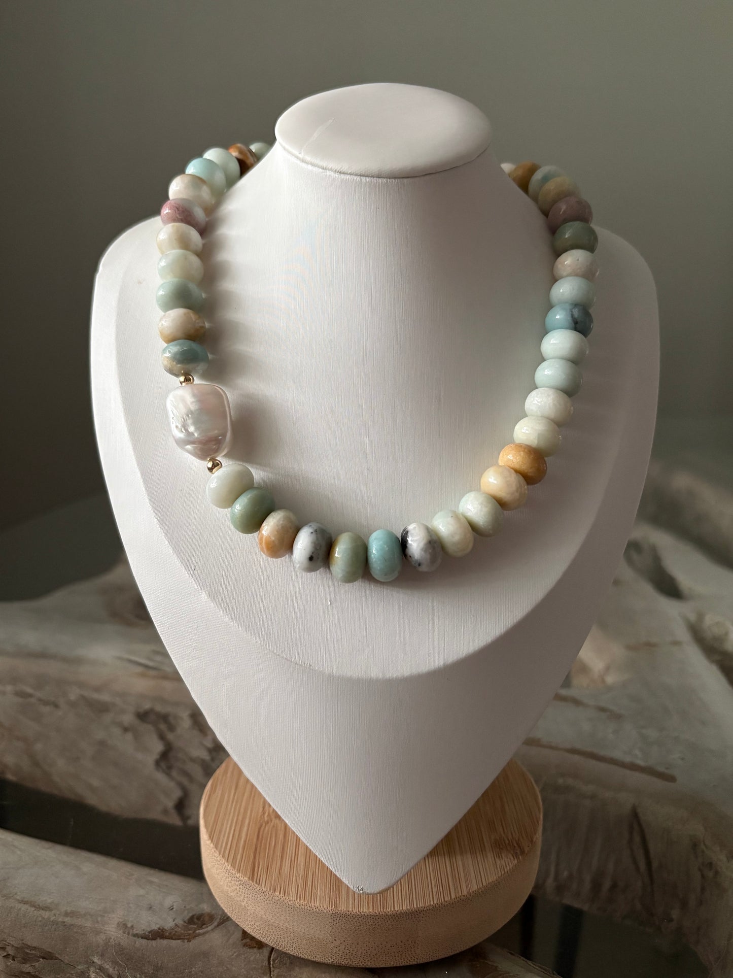 Chunky Smooth Amazonite and Pearl Necklace
