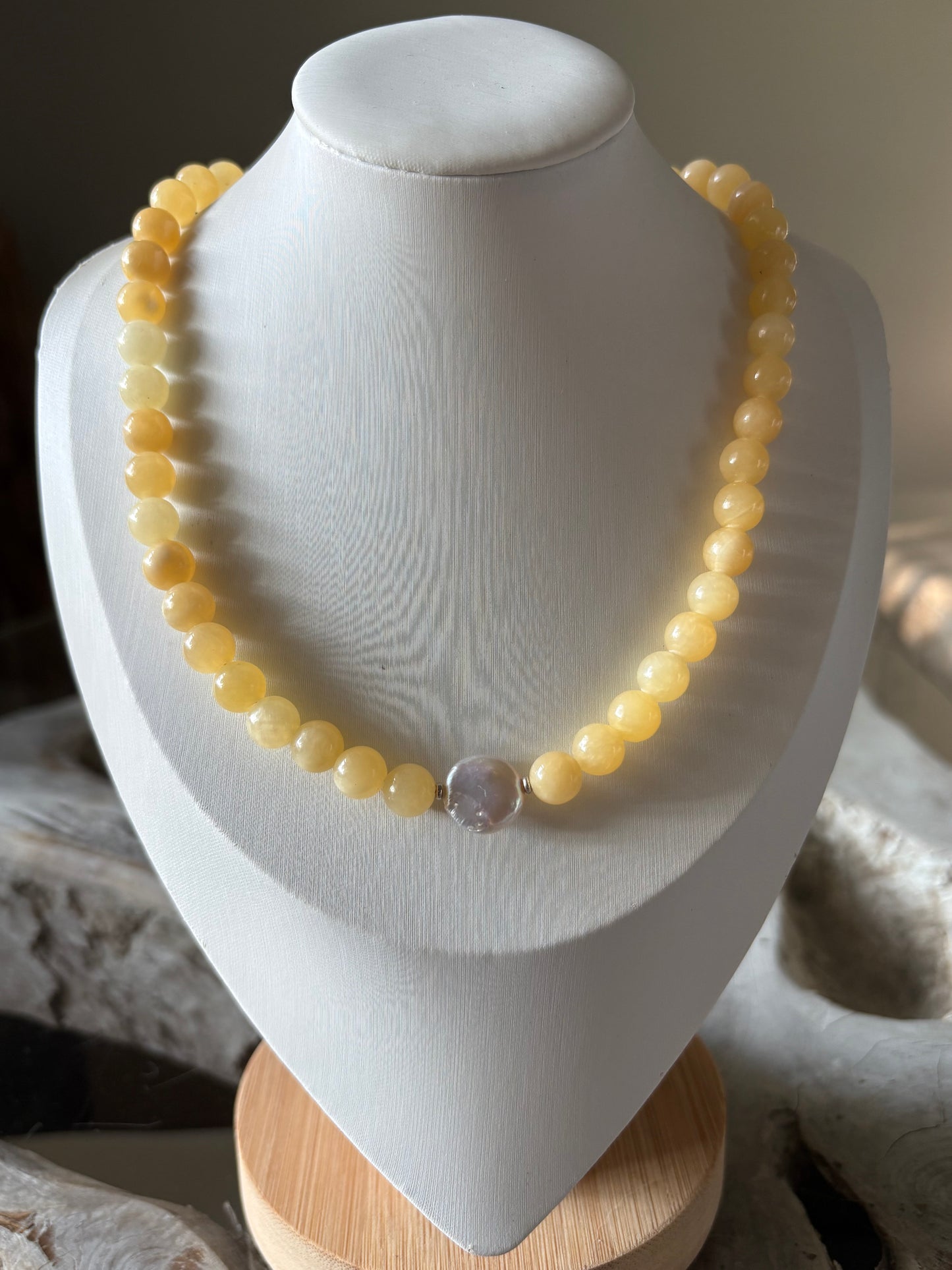 Yellow Jade and Coin Pearl Necklace