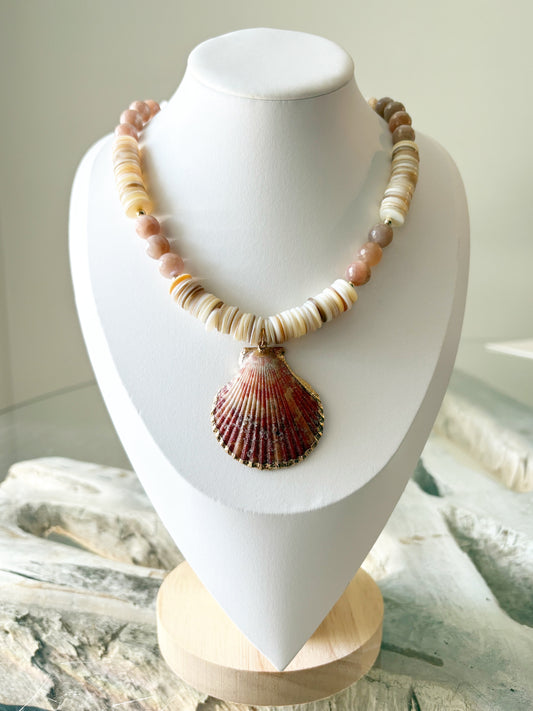 Shell and Peach Moonstone Shell Necklace