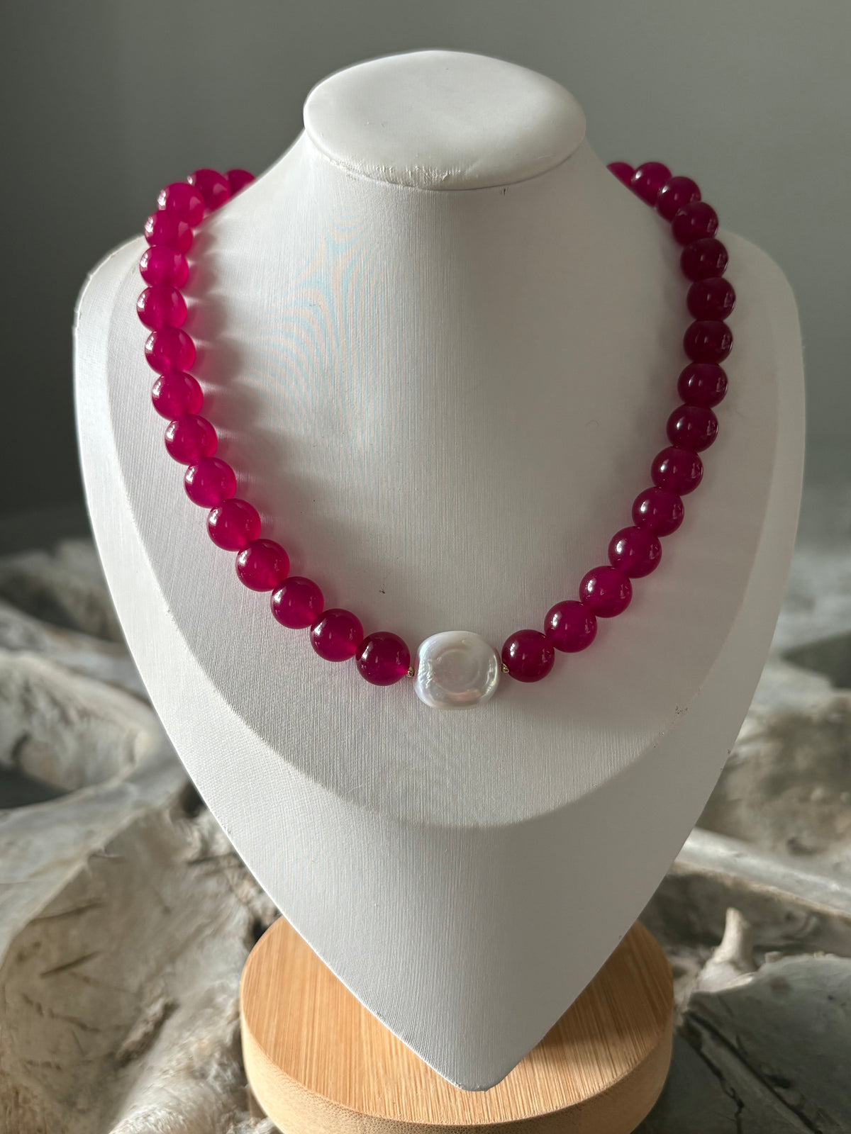 Fuchsia Jade and Pearl Necklace