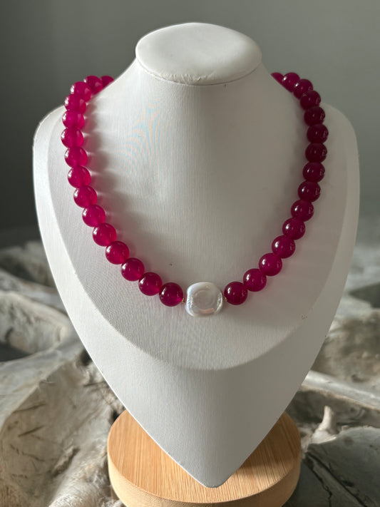 Fuchsia Jade and Pearl Necklace