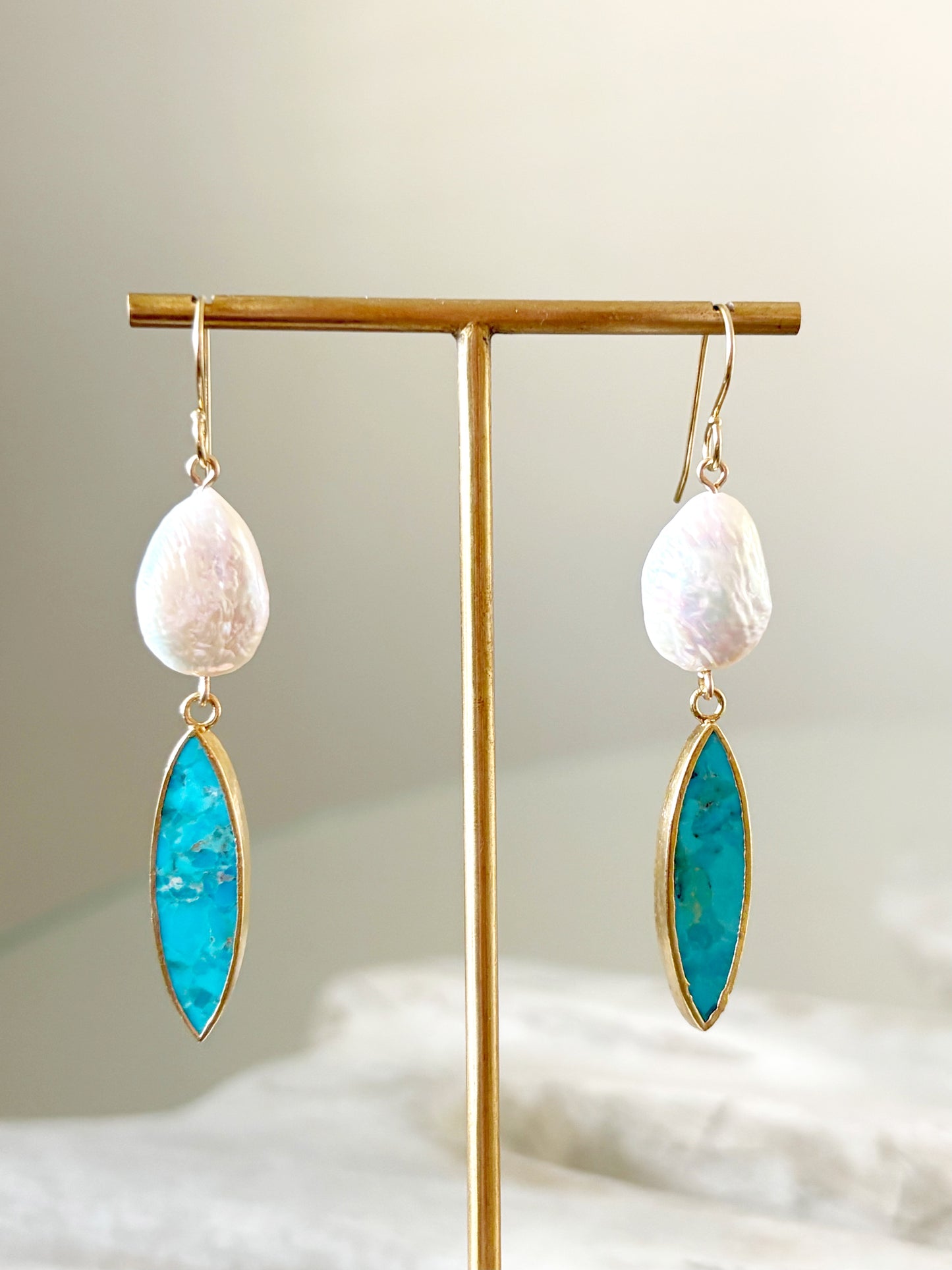 Howlite Turquoise and Pearl Earrings on a gold stand