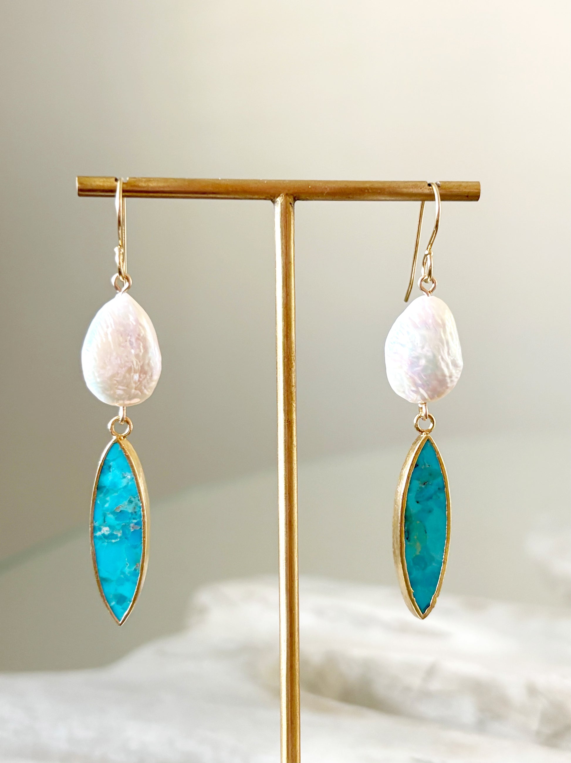 Howlite Turquoise and Pearl Earrings on a gold stand