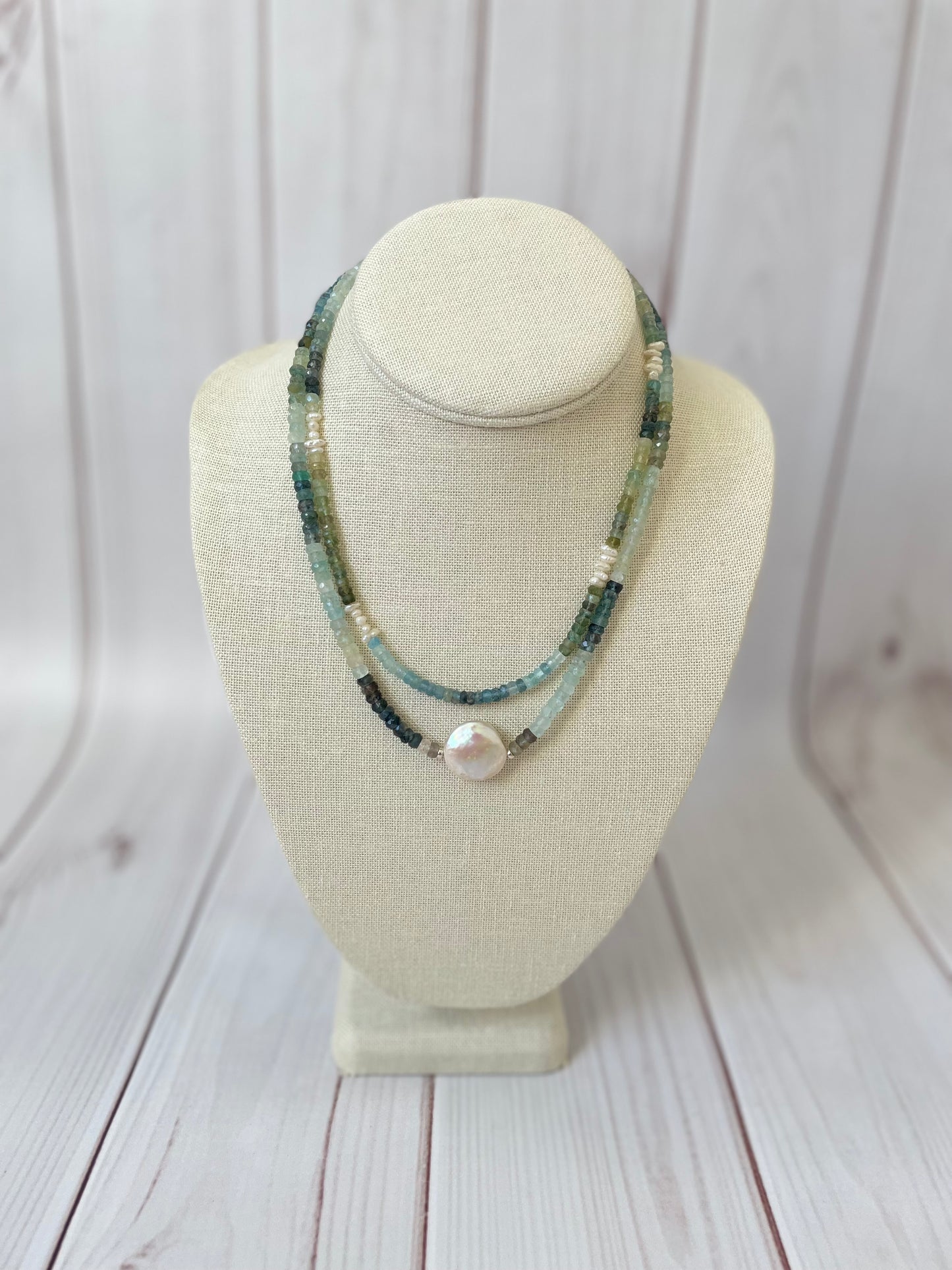 Moss Aquamarine and Heshi Pearl Necklace