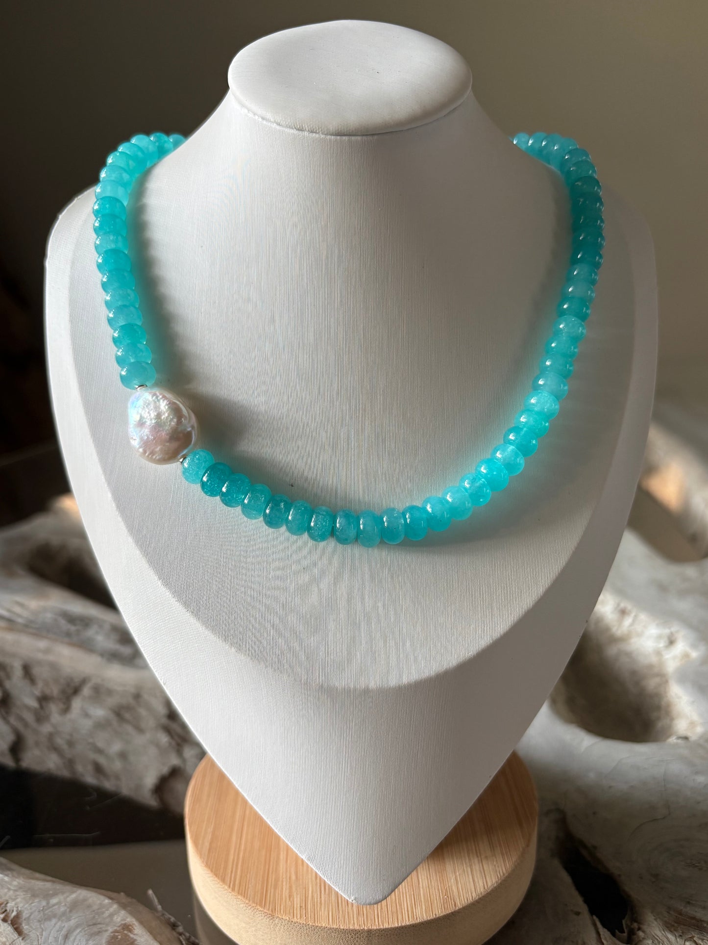 Aqua Jade and Pearl Necklace
