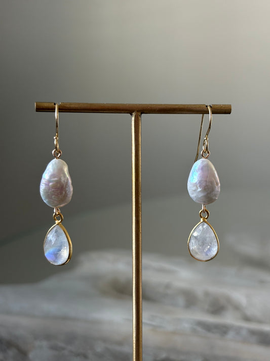Rainbow Moonstone and Pearl Earrings