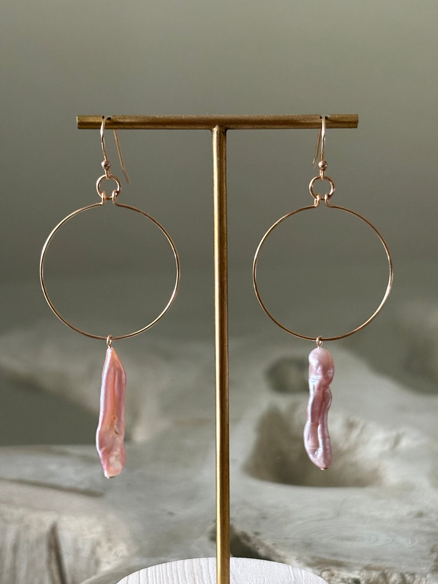 Pink Pearls Gold Hoop Earrings