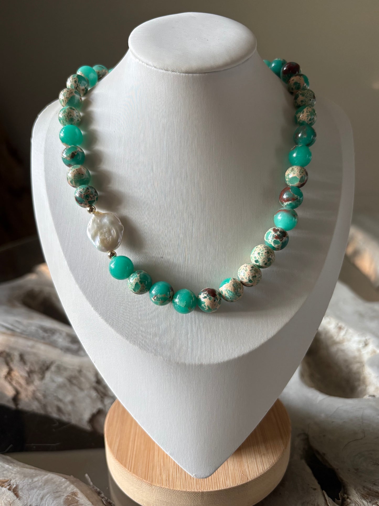 Agalmatolite and Pearl Necklace