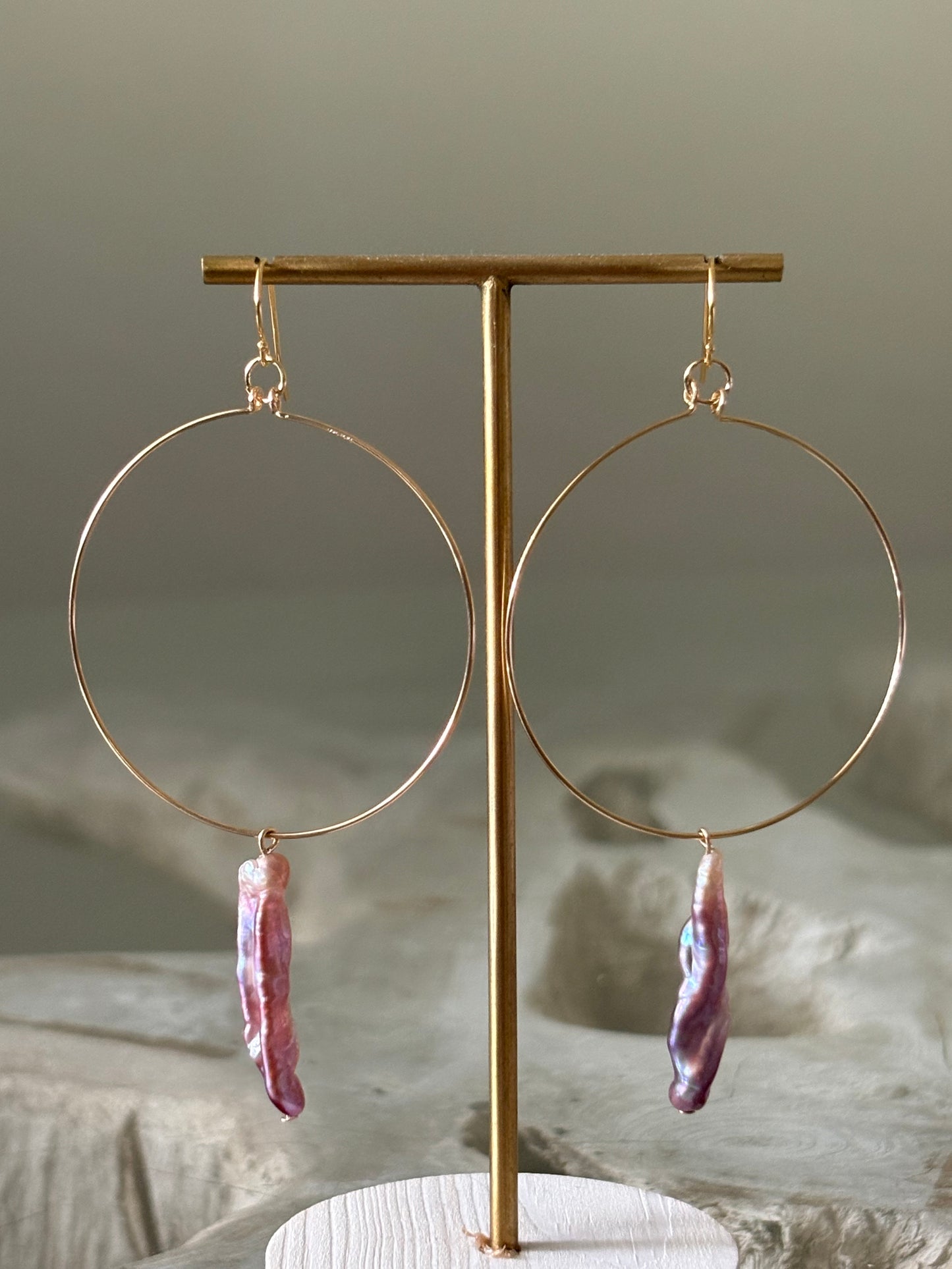 Large Pink Pearl Gold Hoop Earrings