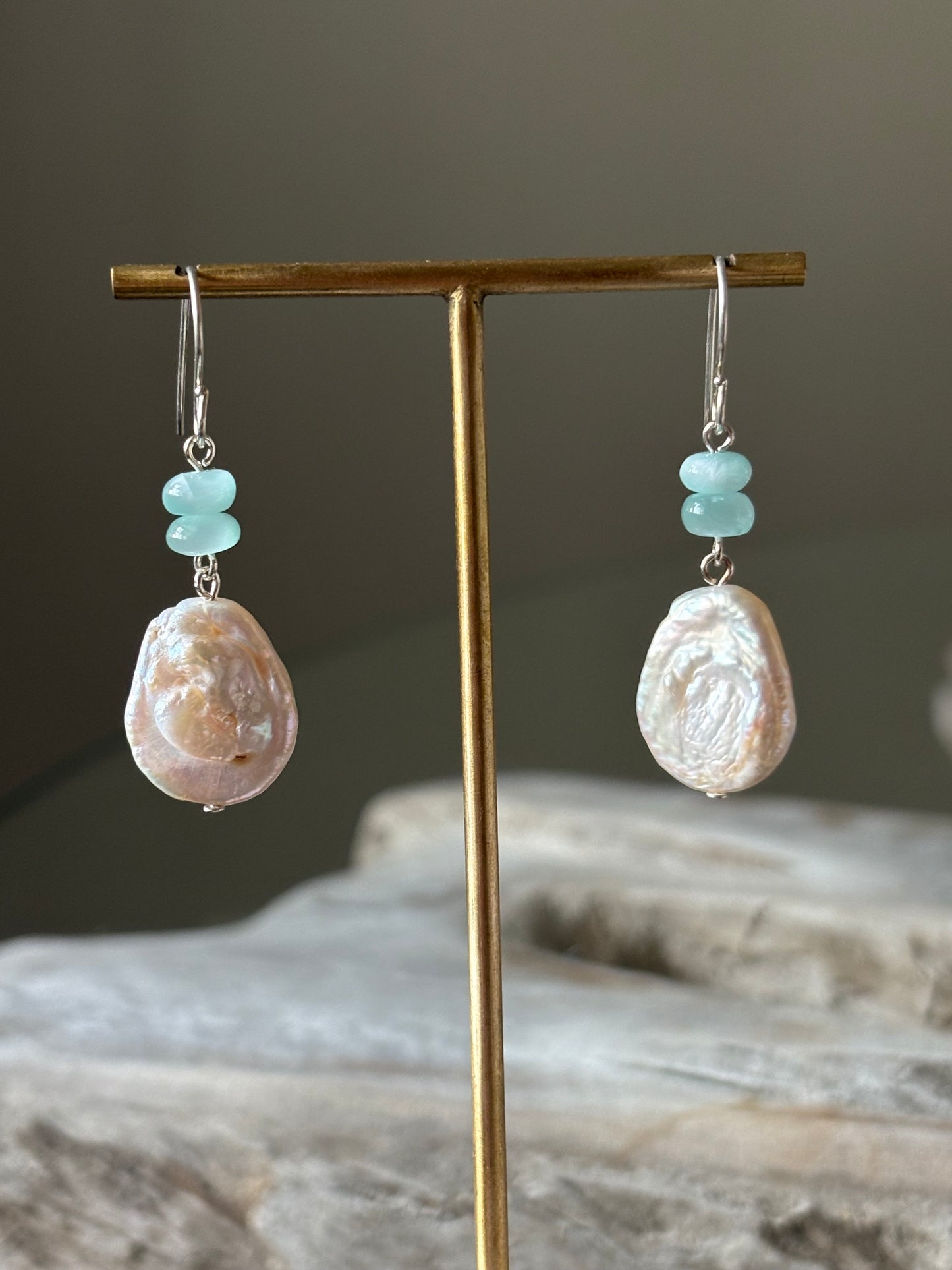 Green Moonstone and Pearl Earrings
