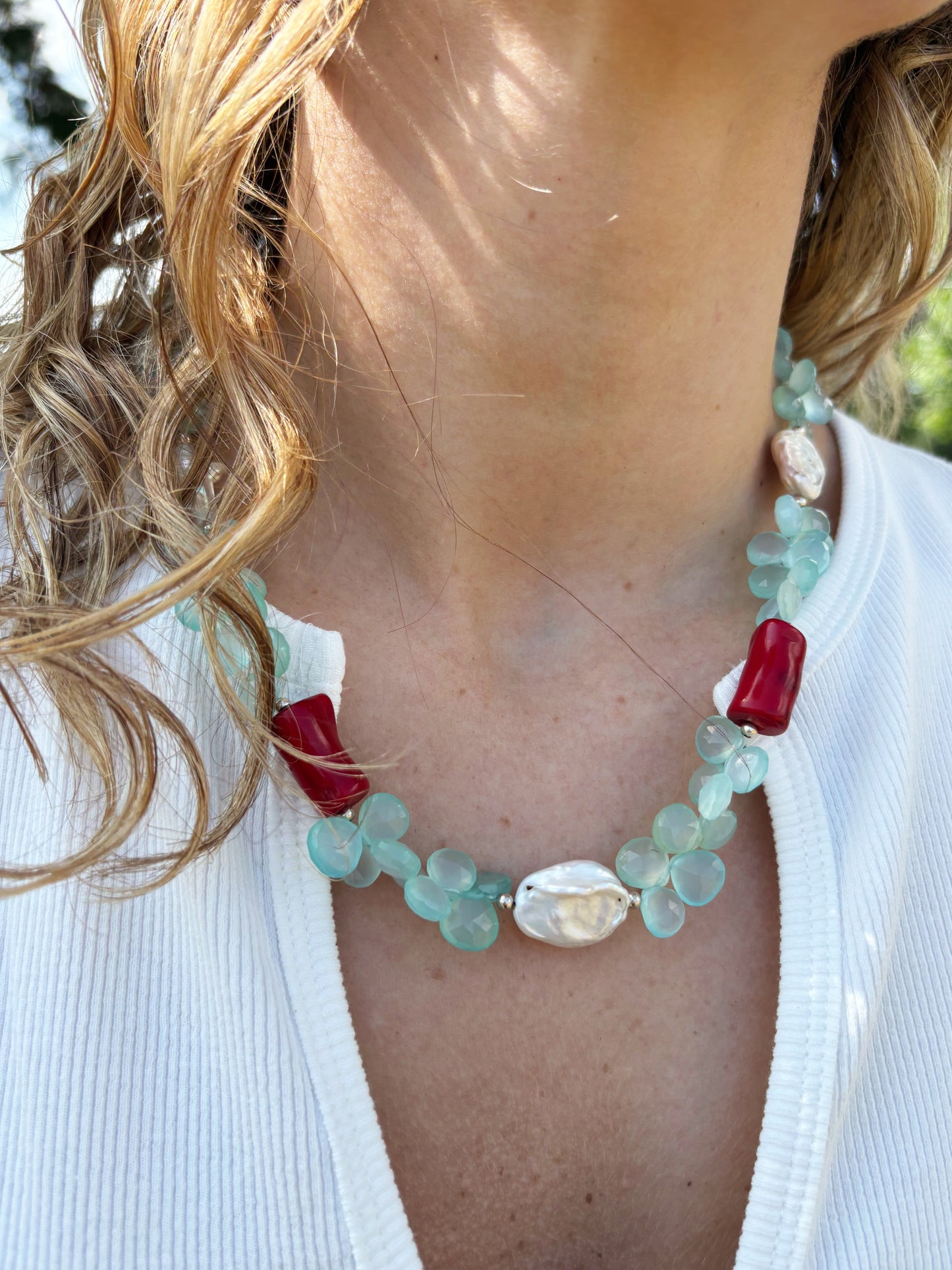 Chalcedony, Pearl and Coral Necklace
