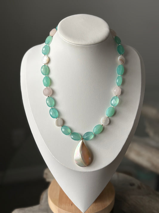 Rose Quartz Chalcedony and Mother of Pearl Necklace