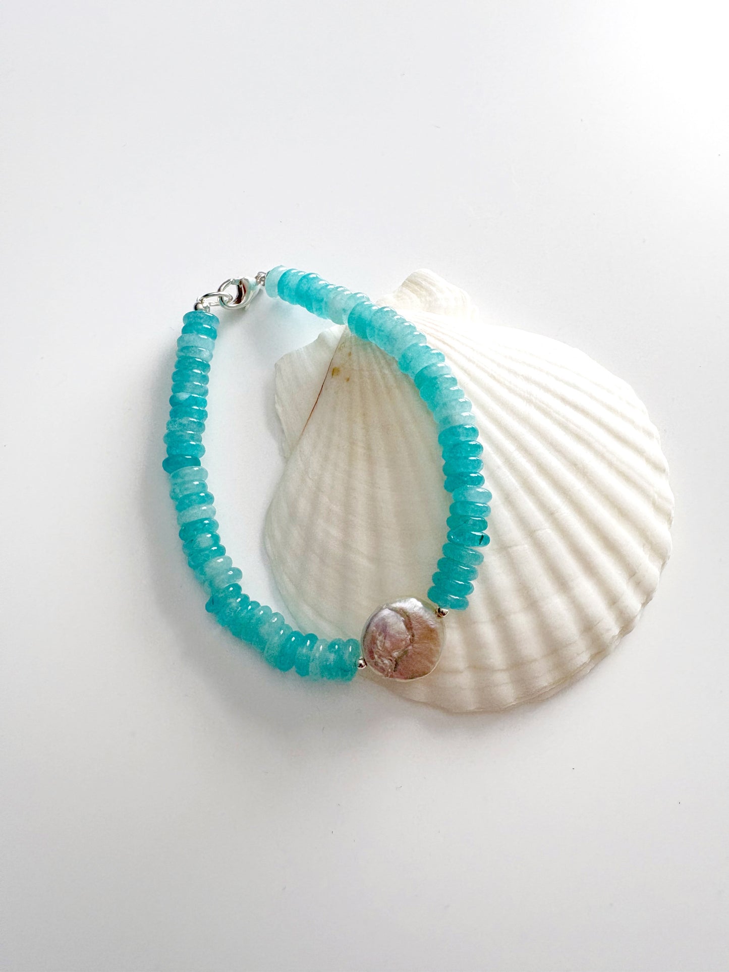Aqua Jade and Pearl Bracelet