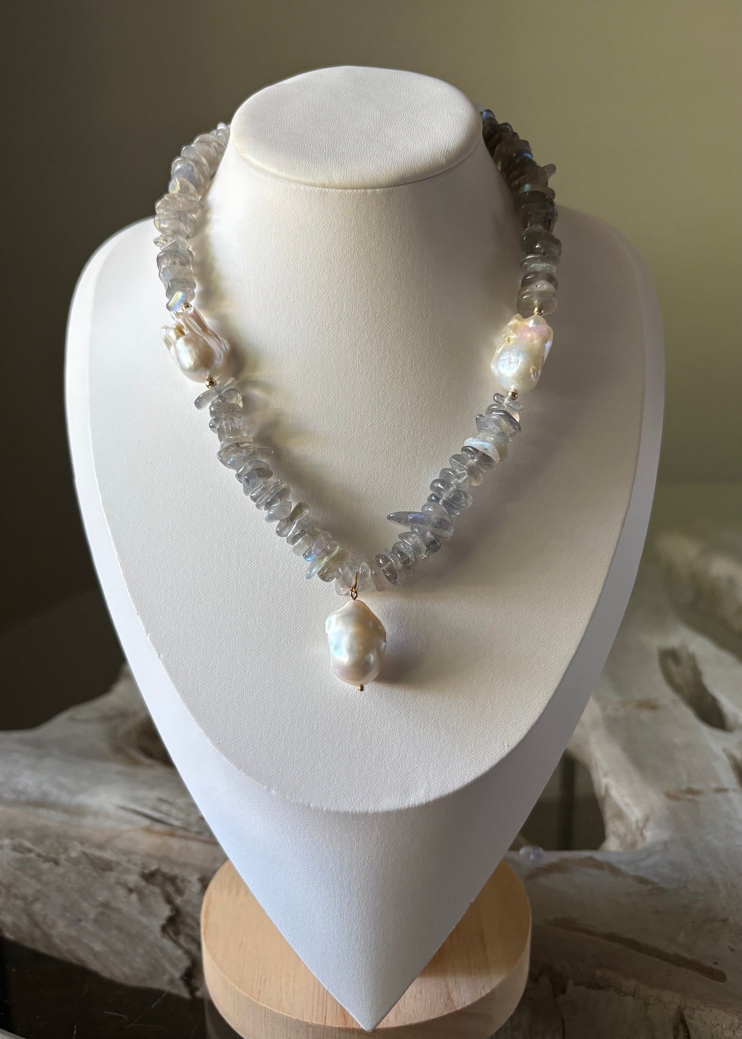 Labradorite Chip and Pearl Necklace
