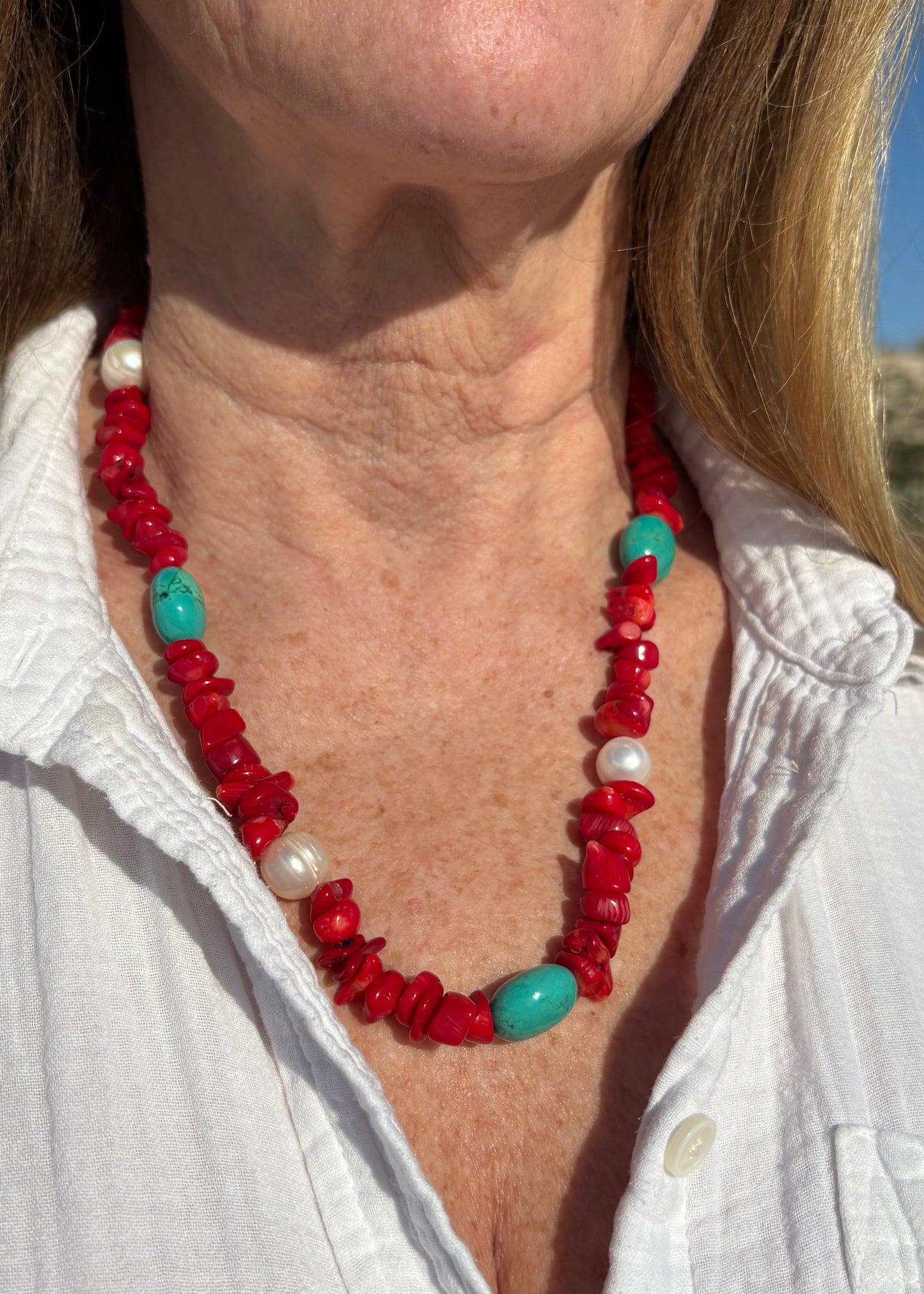 Long Coral, Turquoise and Pearl Necklace