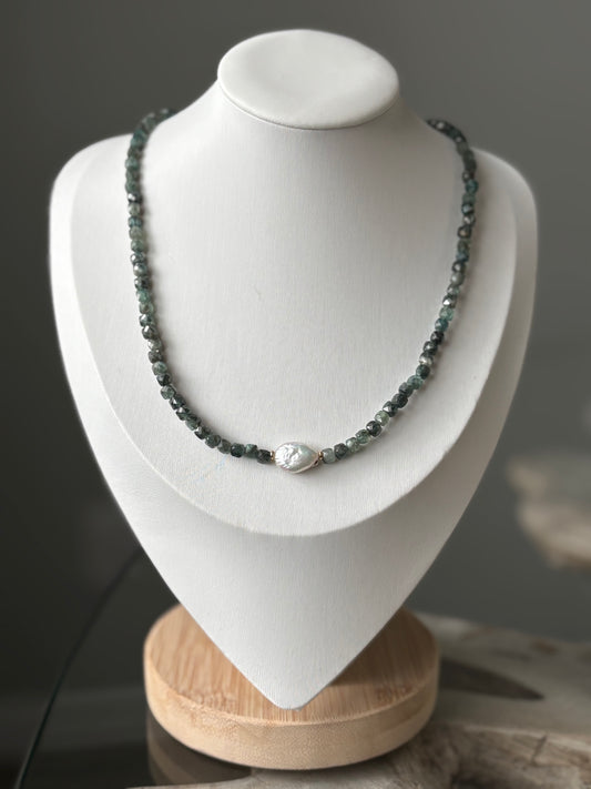 Green Kyanite and Pearl Necklace