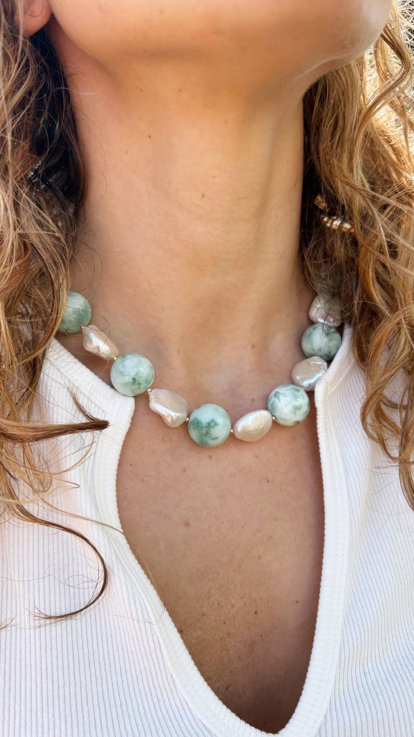 Chunky Green Moonstone and Pearl Necklace