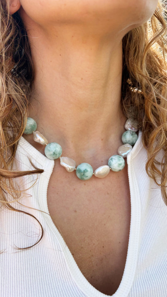 Chunky Green Moonstone and Pearl Necklace