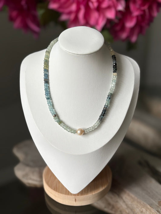 Moss Aquamarine Pearl Necklace 14"