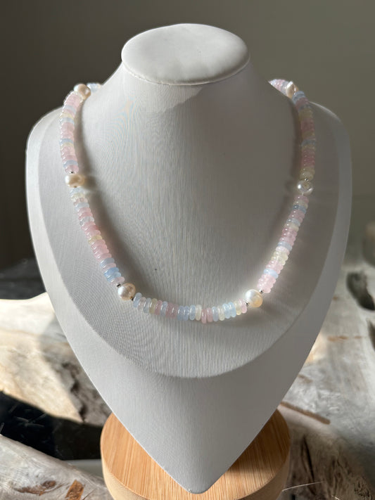 Light Morganite Jade and Pearl Necklace