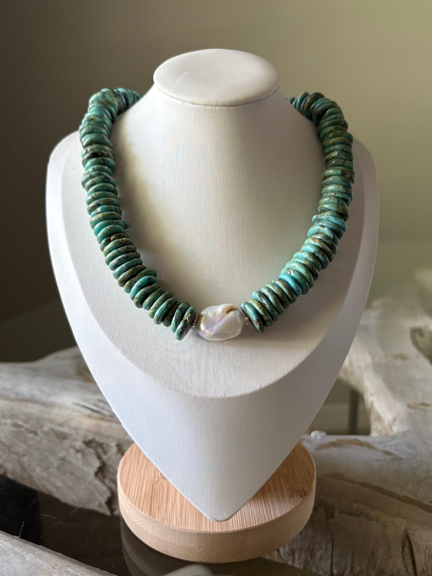 Blue Magnesite Turquoise and Pearl Necklace