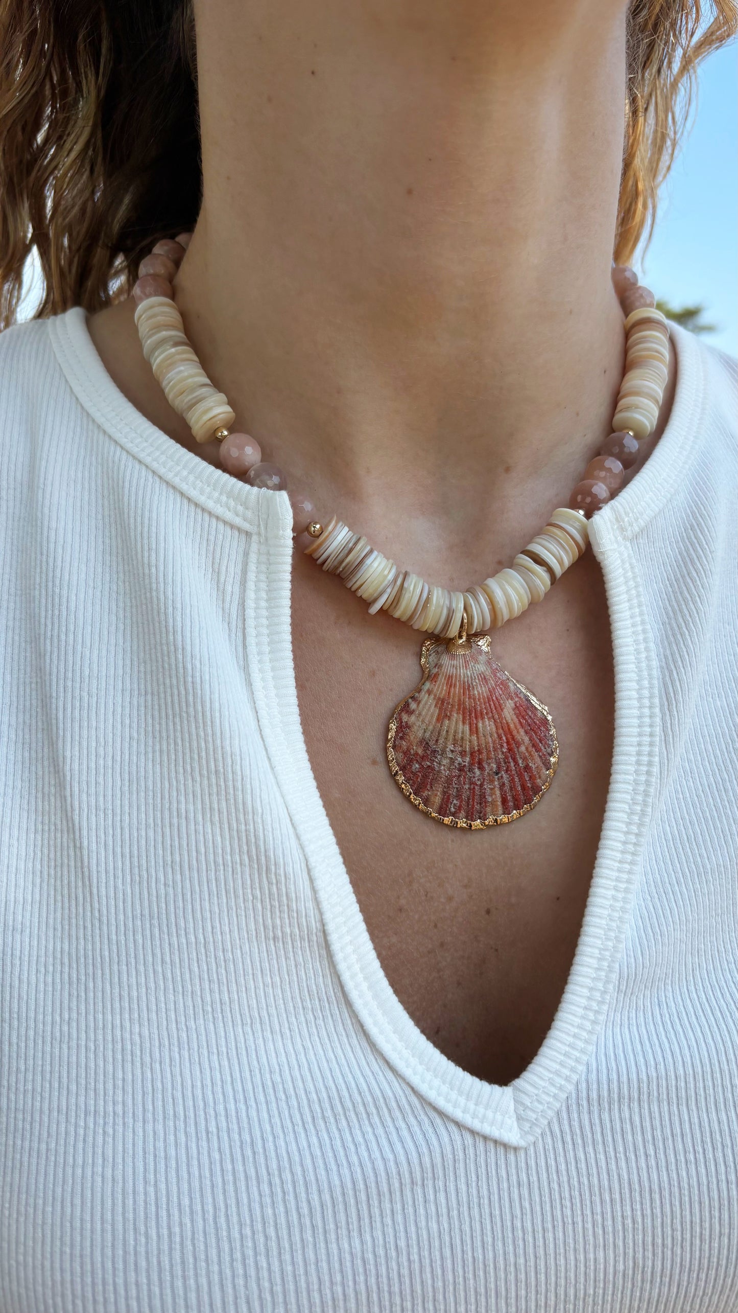 Shell and Peach Moonstone Shell Necklace
