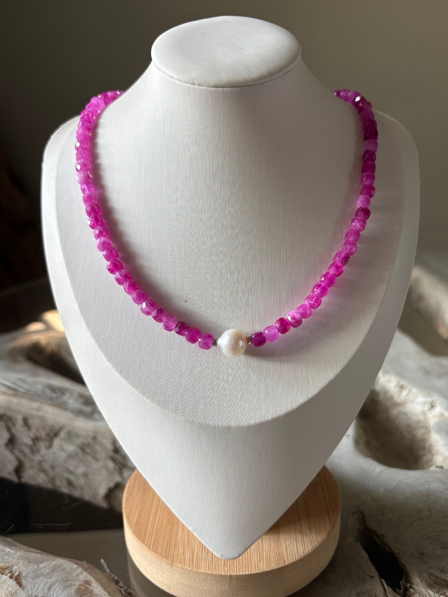 Pink Jade and Pearl Necklace