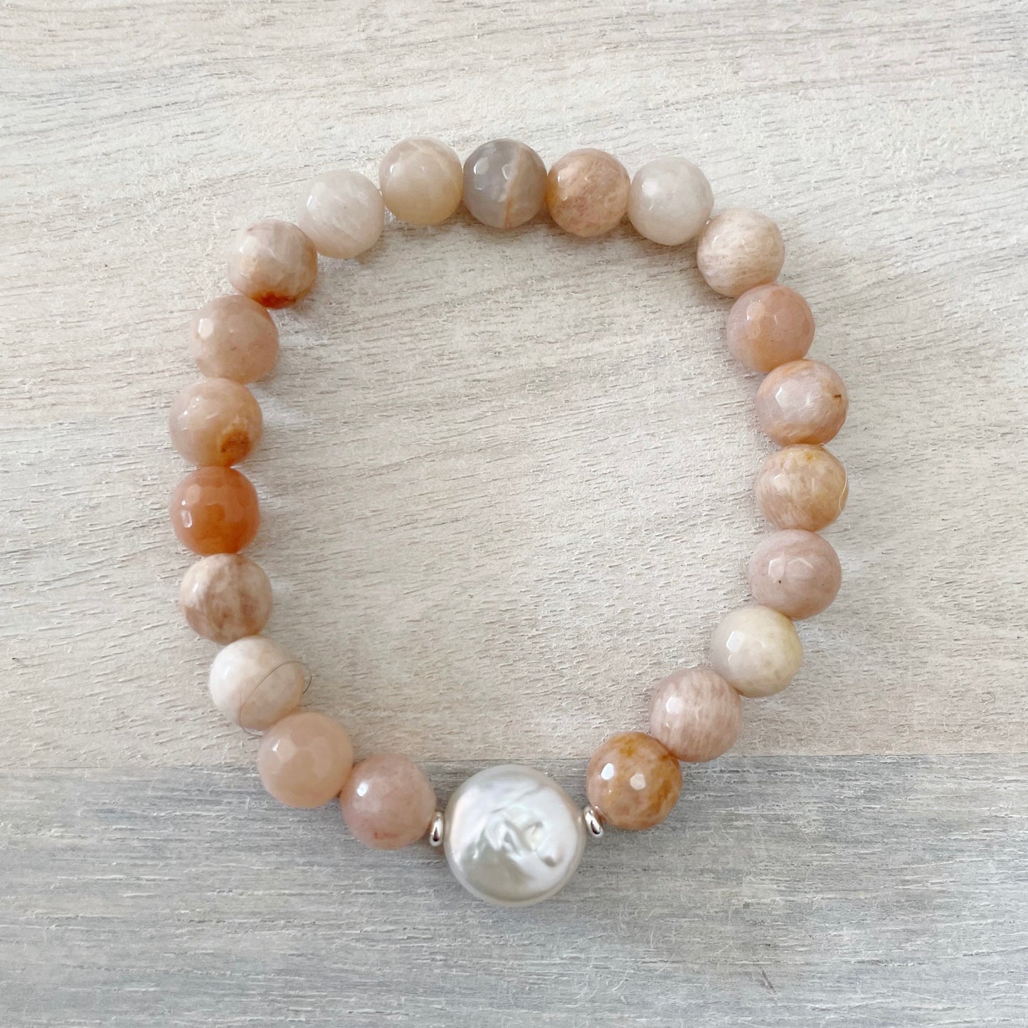 Pink Moonstone and Coin Pearl Bracelet