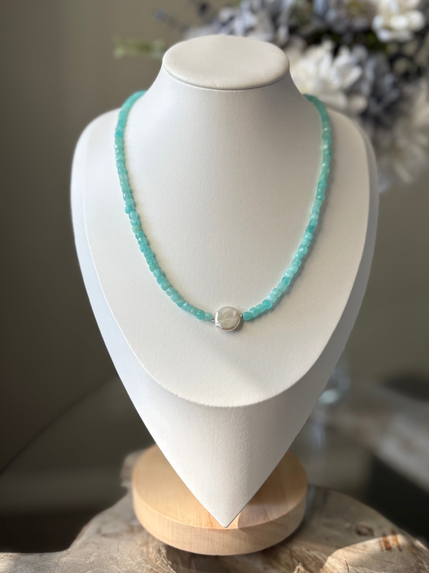 Amazonite Cube Pearl Necklace