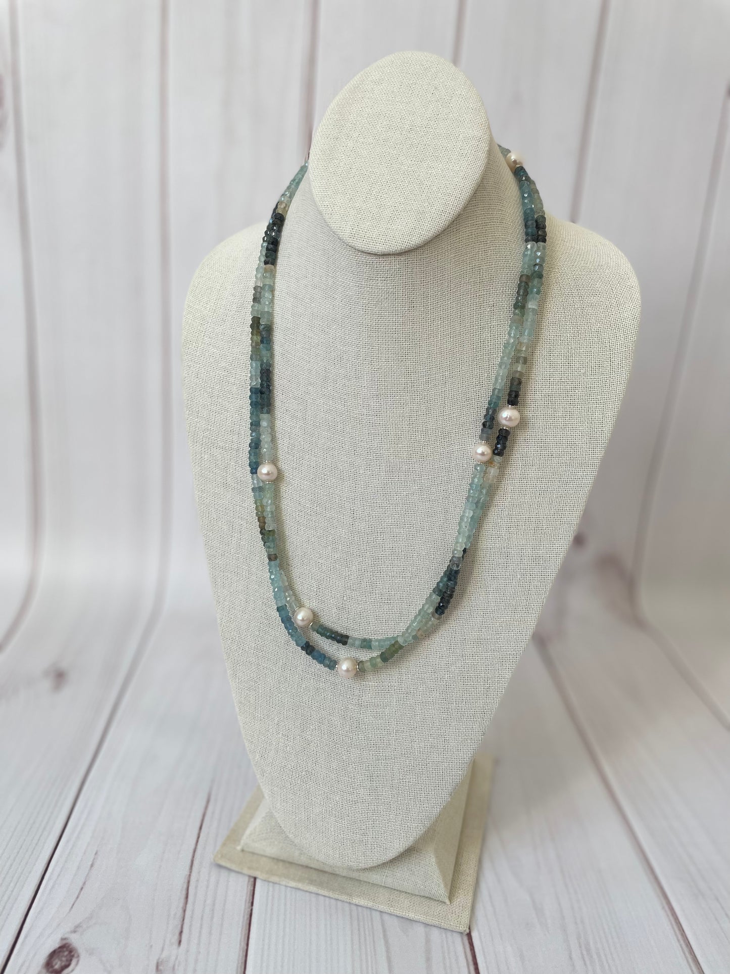 Long Moss Aquamarine and Pearl Necklace