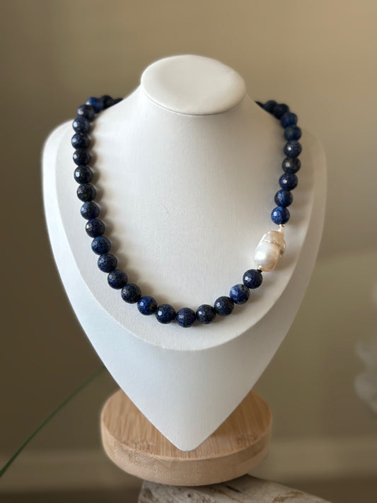 Chunky Lapis and Pearl Necklace
