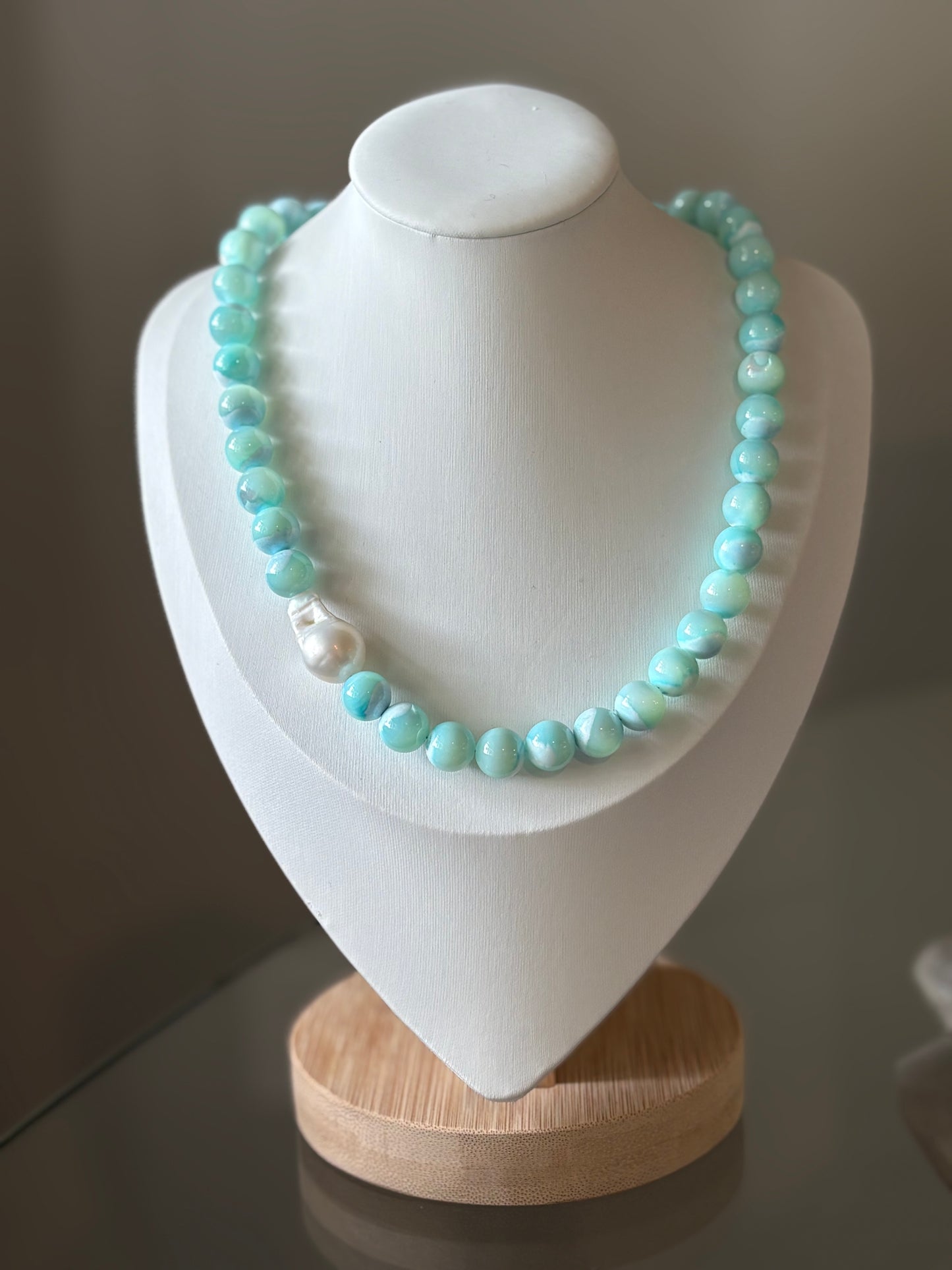 Blue Mother of Pearl and Pearl Necklace